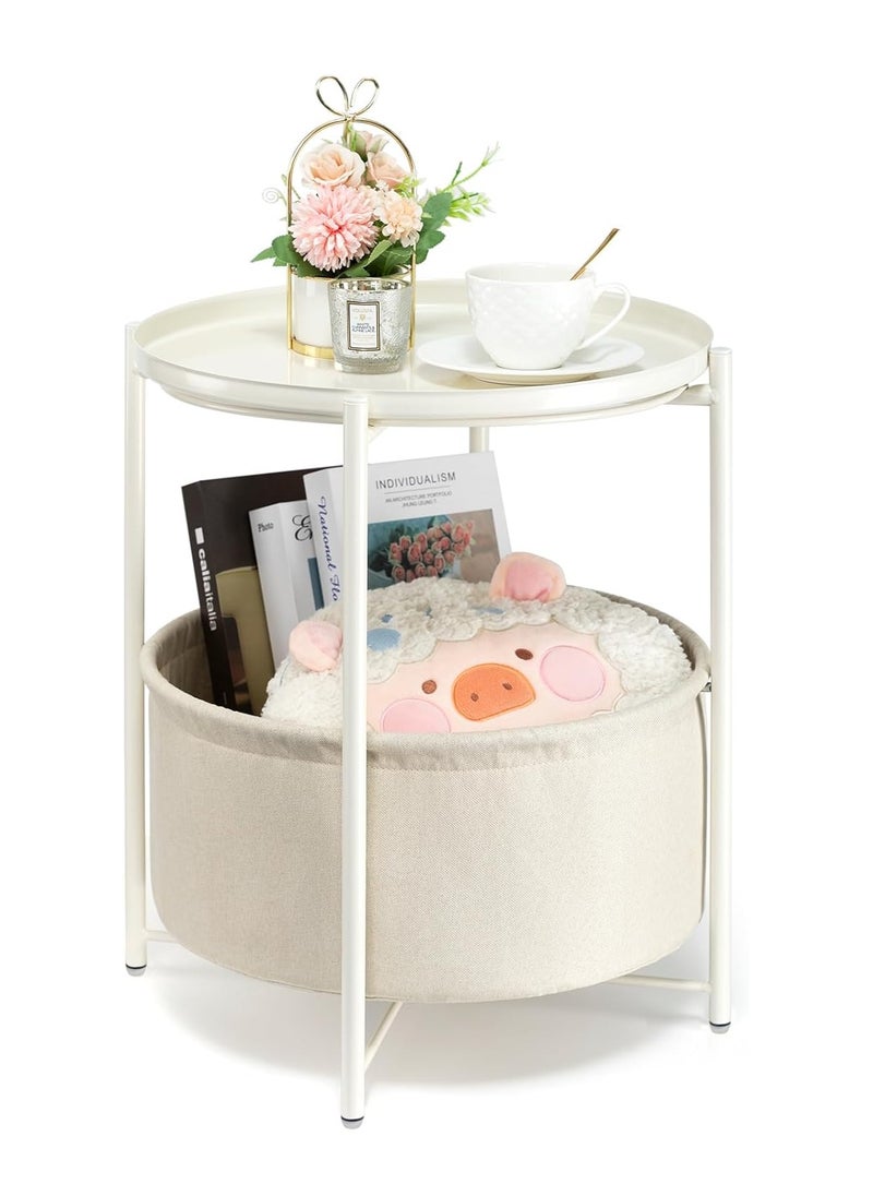 Coffee Round Table,  Round Sofa Side Table, Tray End Table, Metal Nightstand, Bedside End Table with Detachable Tray and Storage Basket, Round Storage End Table,for Bedroom Living Room and Office