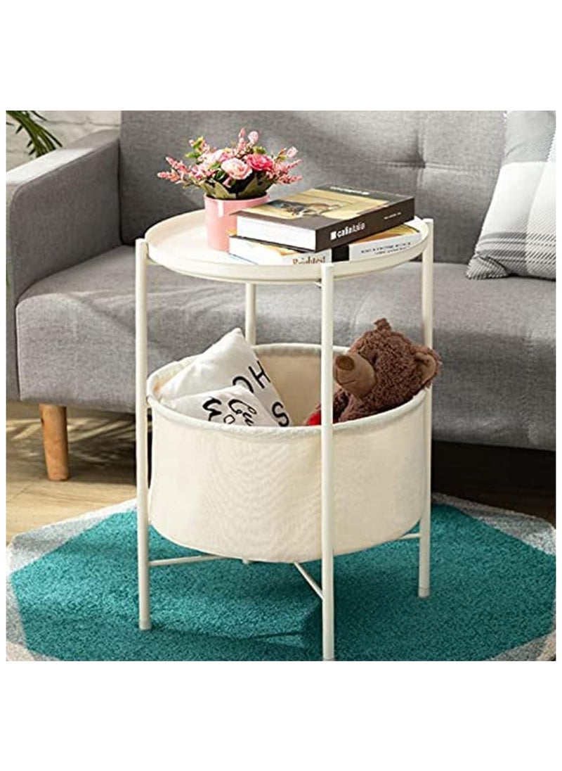 Coffee Round Table,  Round Sofa Side Table, Tray End Table, Metal Nightstand, Bedside End Table with Detachable Tray and Storage Basket, Round Storage End Table,for Bedroom Living Room and Office