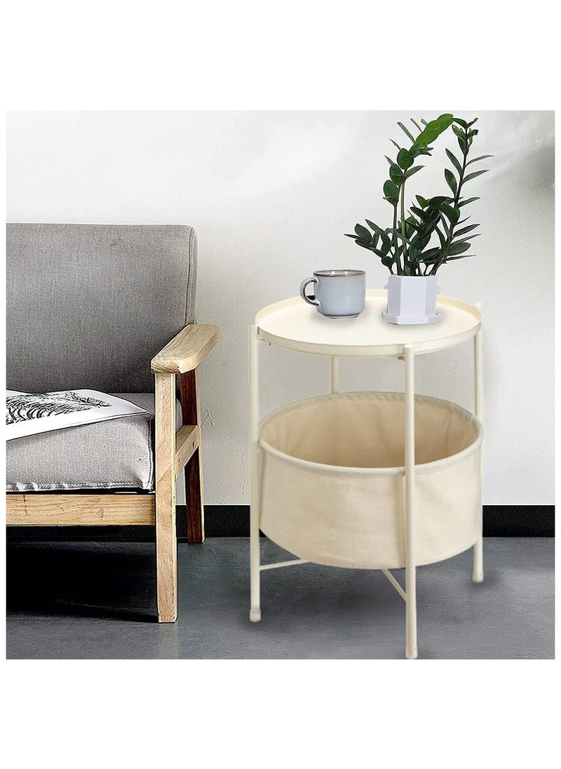 Coffee Round Table,  Round Sofa Side Table, Tray End Table, Metal Nightstand, Bedside End Table with Detachable Tray and Storage Basket, Round Storage End Table,for Bedroom Living Room and Office