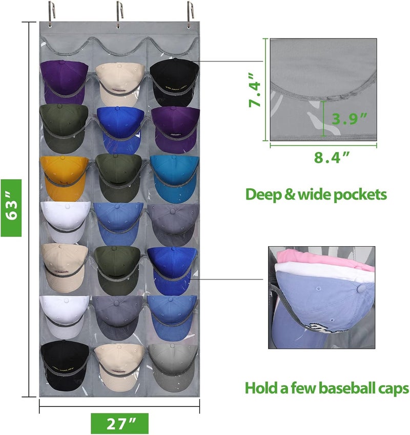 Dofilachy Hat Rack - Hat Organizer - Hat Racks for Baseball Caps, Visible Hat Holder - Baseball Rack for Wall Door with 3 Hooks, 24 Deep Pockets - Image 5