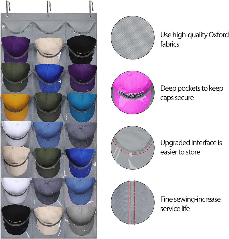 Dofilachy Hat Rack - Hat Organizer - Hat Racks for Baseball Caps, Visible Hat Holder - Baseball Rack for Wall Door with 3 Hooks, 24 Deep Pockets - Image 2
