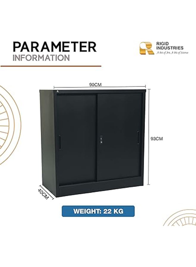 RIGID Steel Sliding Door Cupboard Low Hight Steel Filing Cabinet with Shelves Storage (Black) - Image 2