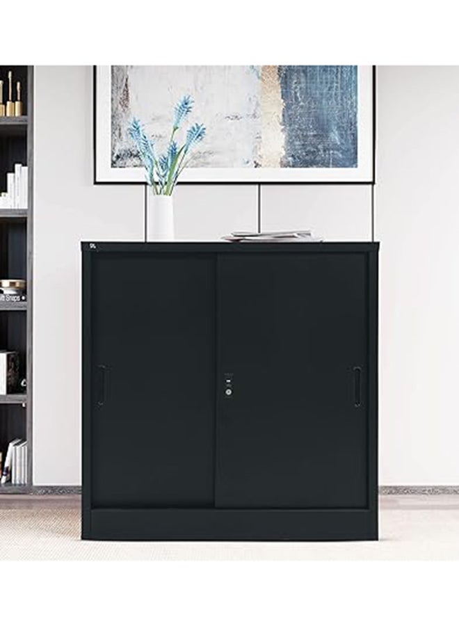 RIGID Steel Sliding Door Cupboard Low Hight Steel Filing Cabinet with Shelves Storage (Black) - Image 1