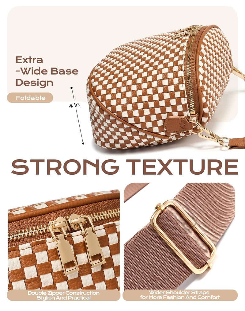 MEISEY Trendy Woven Checkered Crossbody Bum Bag for Womenï¼ŒPU Leather Checkered Purse Fanny Packs Belt Bag (Woven Bum Bag - Brown White) - Image 5