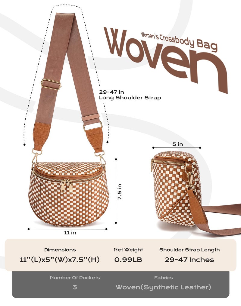 MEISEY Trendy Woven Checkered Crossbody Bum Bag for Womenï¼ŒPU Leather Checkered Purse Fanny Packs Belt Bag (Woven Bum Bag - Brown White) - Image 3