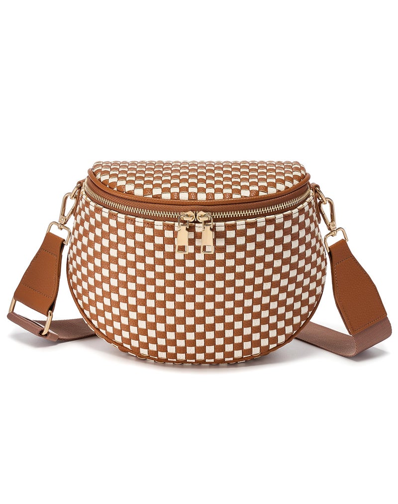 MEISEY Trendy Woven Checkered Crossbody Bum Bag for Womenï¼ŒPU Leather Checkered Purse Fanny Packs Belt Bag (Woven Bum Bag - Brown White) - Image 1