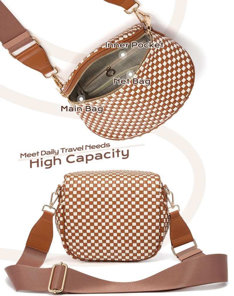 MEISEY Trendy Woven Checkered Crossbody Bum Bag for Womenï¼ŒPU Leather Checkered Purse Fanny Packs Belt Bag (Woven Bum Bag - Brown White) - Image 4