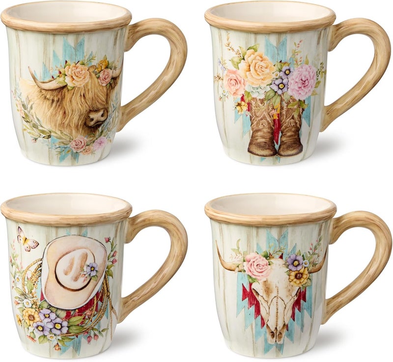 Certified International Rosewood 14Ounce Mugs Set of 4 Assorted Western Designs with Floral Cowboy Boots Highland Cow Cowboy Hat  Steer Skull Durable Ceramic Perfect for Coffee Tea  Rustic Farmhouse Dcor - Image 1