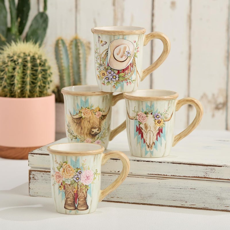 Certified International Rosewood 14Ounce Mugs Set of 4 Assorted Western Designs with Floral Cowboy Boots Highland Cow Cowboy Hat  Steer Skull Durable Ceramic Perfect for Coffee Tea  Rustic Farmhouse Dcor - Image 4