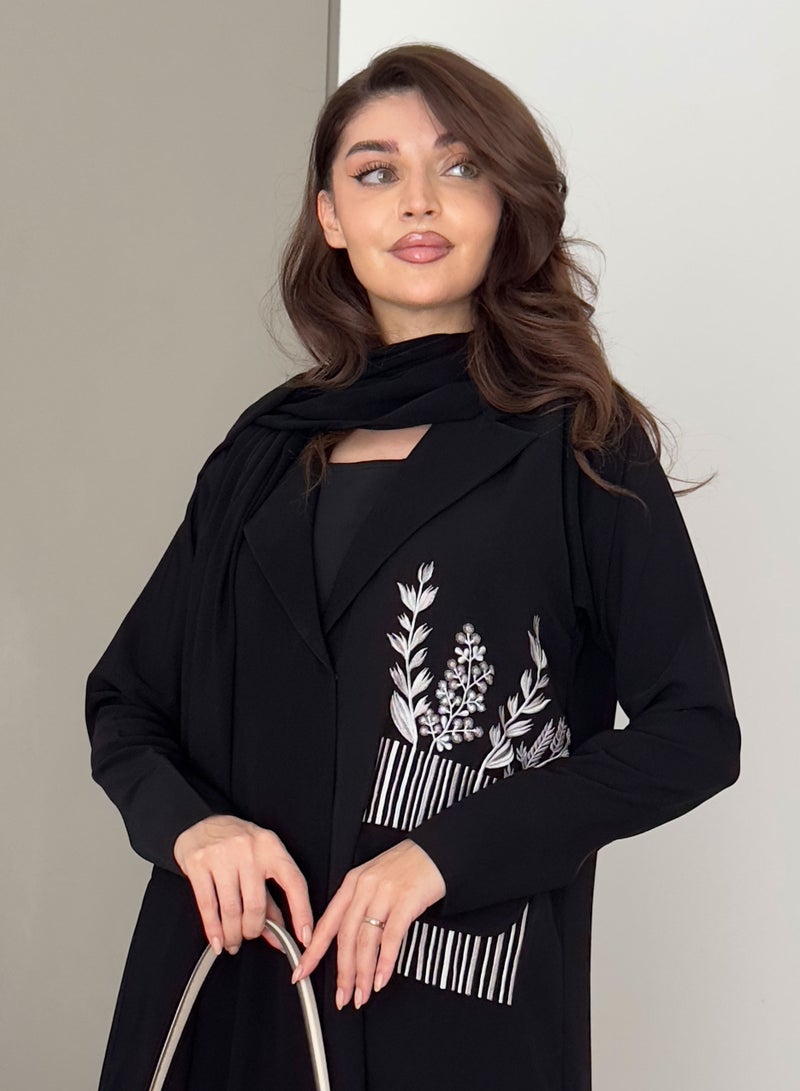Rosette Abaya Embellished Elegant Blazer with Embroidery Pocket Design - Image 1