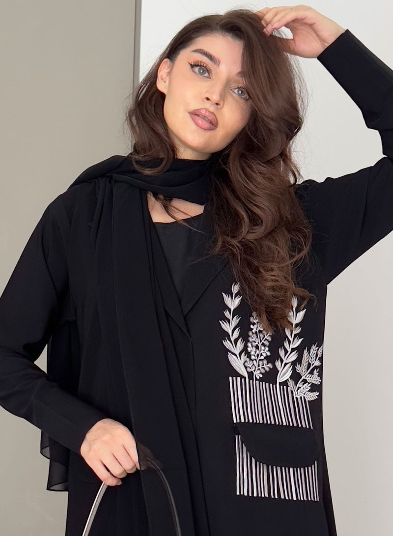 Rosette Abaya Embellished Elegant Blazer with Embroidery Pocket Design - Image 2