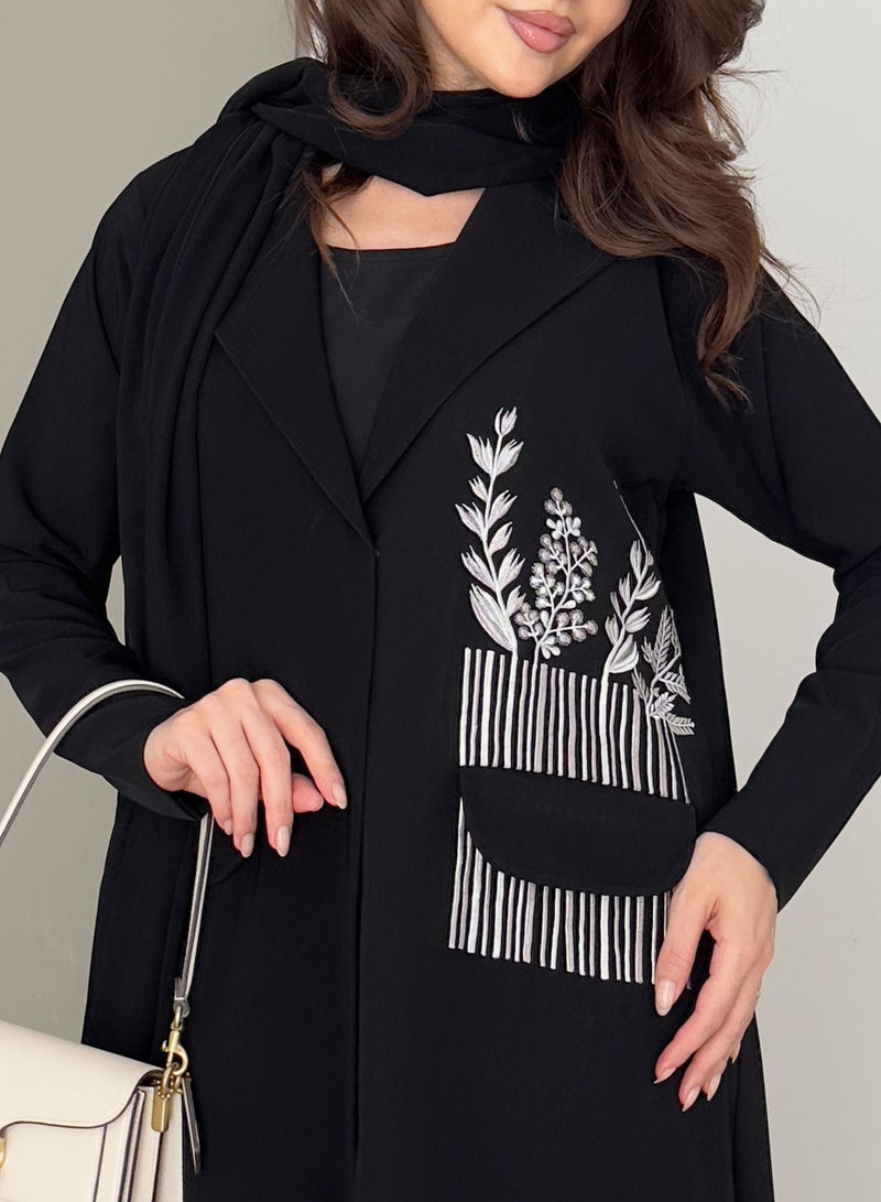 Rosette Abaya Embellished Elegant Blazer with Embroidery Pocket Design - Image 3