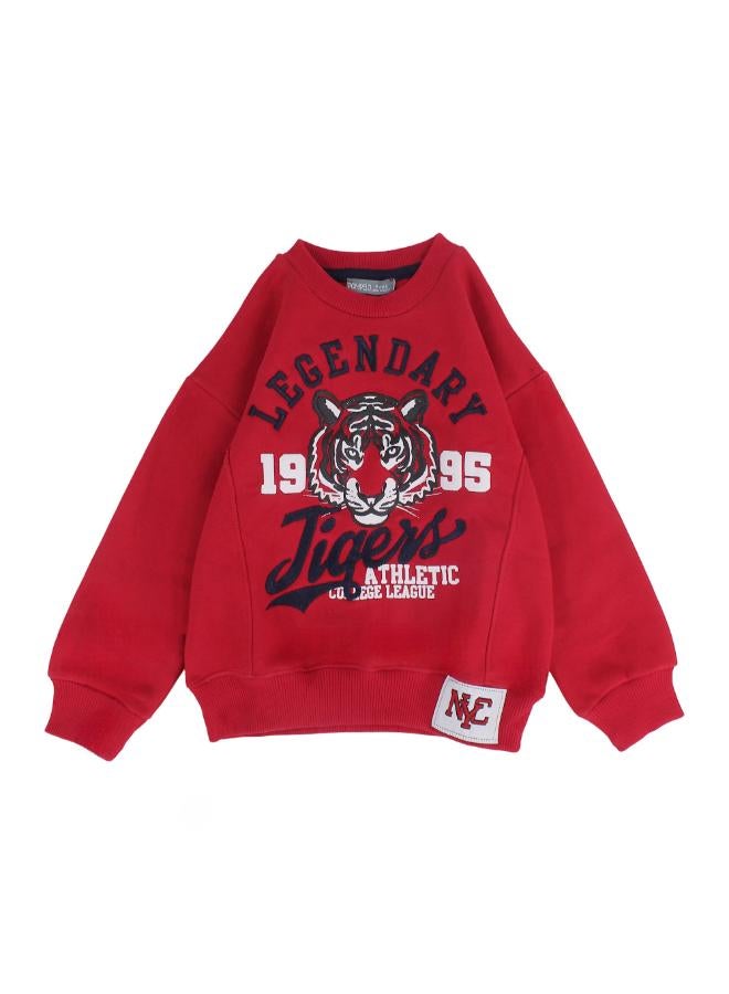 Pompelo Boys Cotton Long Sleeved Sweatshirt – Red with Tigers Design - Image 1