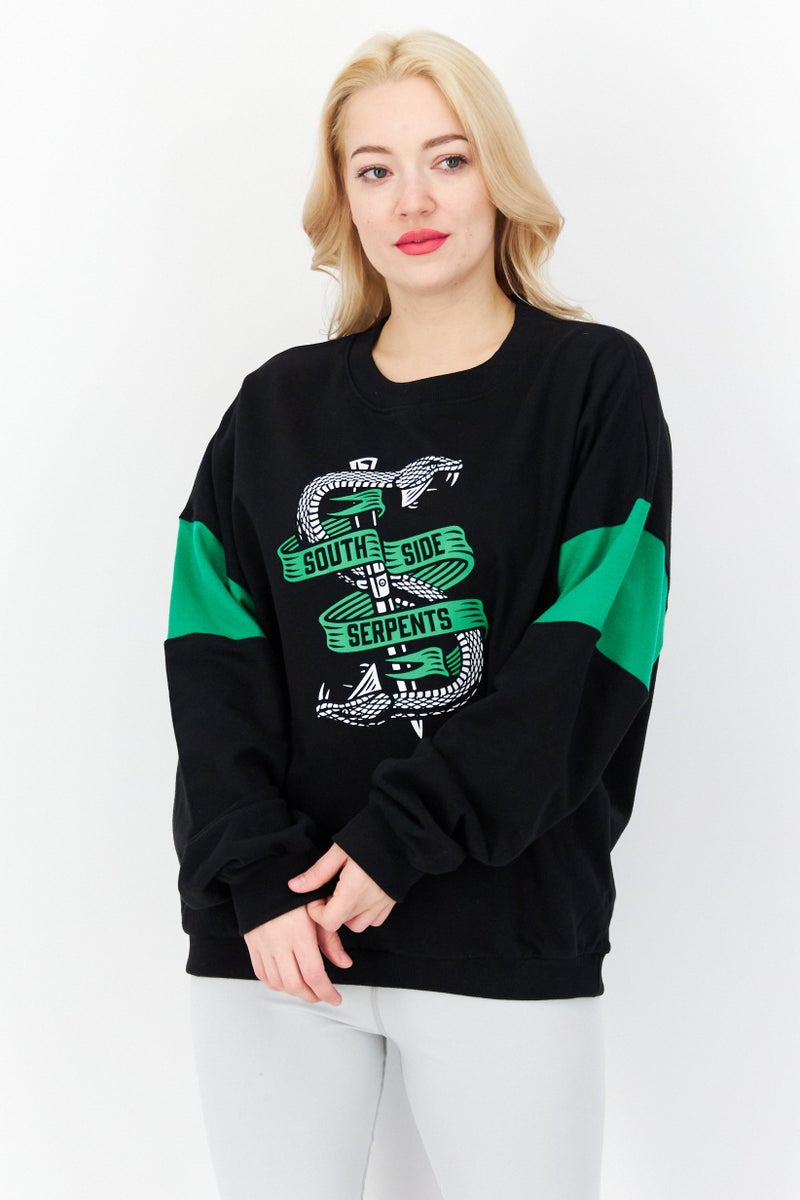DIFUZED Women Crew Neck Long Sleeve Graphic Print Sweatshirt, Black - Image 1
