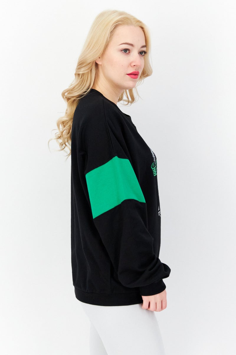DIFUZED Women Crew Neck Long Sleeve Graphic Print Sweatshirt, Black - Image 2