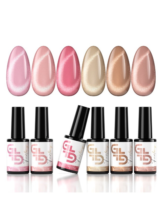 GL Factory Cat Eye Gel Nail Polish– 6 x 8ml Colors SET Soak Off LED UV for Magnet Manicure Salon Quality Long Lasting Nail Coating Design (Nude Silver Pink Beige Coral Almond) - Image 1