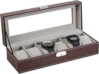 NEX Watch Case, 6 Slot Leather Watch Box Display Case Organizer Glass Jewelry Storage - Image 1