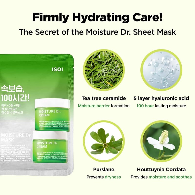 ISOI Moisture Dr. Mask Pack, Hydrating & Soothing Korean Sheet Mask for Face with Tea Tree, Ceramide & Hyaluronic Acid, Nourishing Skin Barrier Care, Korean Skin Care (10EA) - Image 3