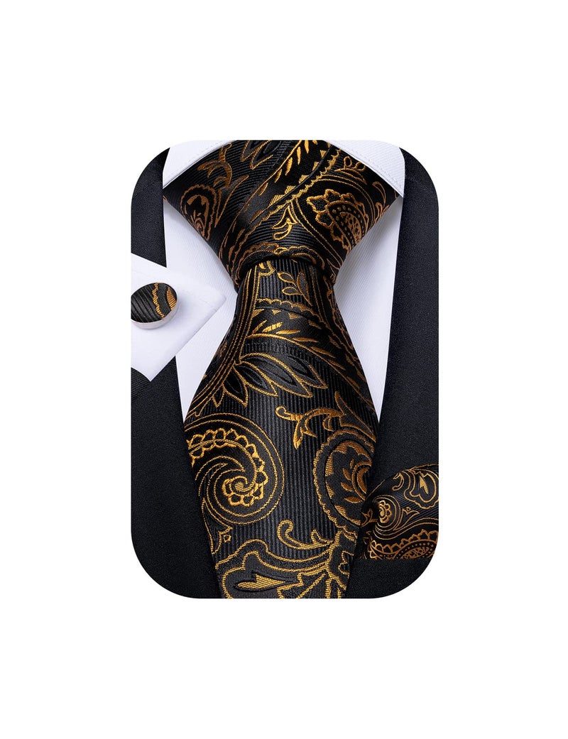 DiBanGu Mens Tie Set Silk Solid Paisley Necktie and Pocket Square Cufflinks Classic Formal Ties for Men Wedding Party, Black and Gold - Image 1
