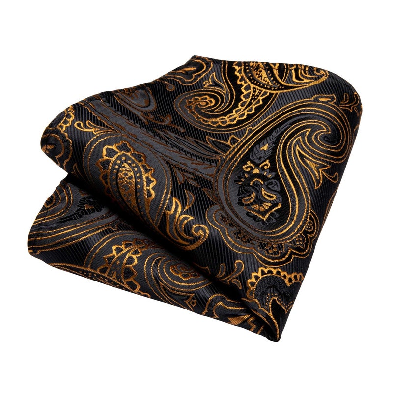 DiBanGu Mens Tie Set Silk Solid Paisley Necktie and Pocket Square Cufflinks Classic Formal Ties for Men Wedding Party, Black and Gold - Image 5