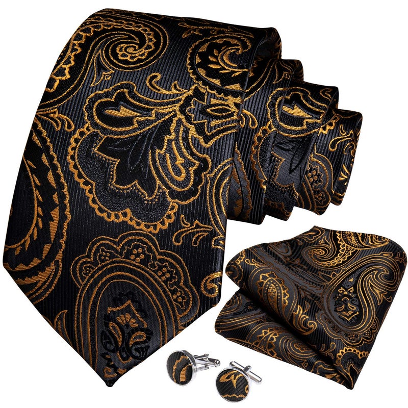 DiBanGu Mens Tie Set Silk Solid Paisley Necktie and Pocket Square Cufflinks Classic Formal Ties for Men Wedding Party, Black and Gold - Image 2