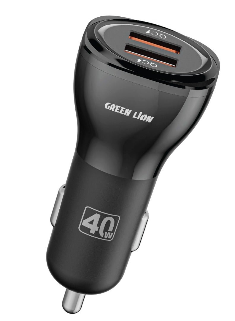 GREEN LION 40W Dual Port QC3.0 Car Charger with USB-A to Lightning Cable 1M / 2 USB-A Port / Fast Charging / PC Flame Retardant Material / Multiple Protection / Compact Design - Black - Image 2