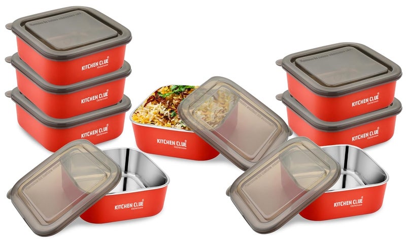 KITCHEN CLUE Stainless Steel Microwave Safe Storage ContainerBox Set Of 8 Pcs Red 16cm Steel Fridge Storage Box For Kitchen Airtight LeakProof Lid Container Ideal For Stroage Serving - Image 1