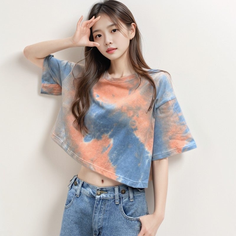 Generic Tie-Dye Crop Top Tee 2024 Summer Trendy Orange - Image 3