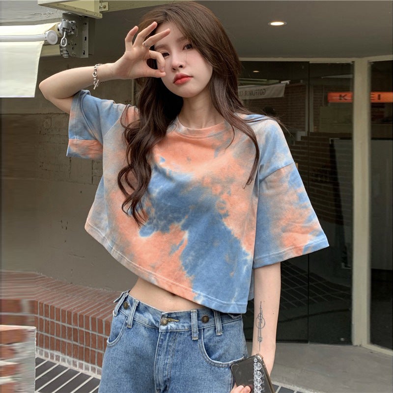 Generic Tie-Dye Crop Top Tee 2024 Summer Trendy Orange - Image 1