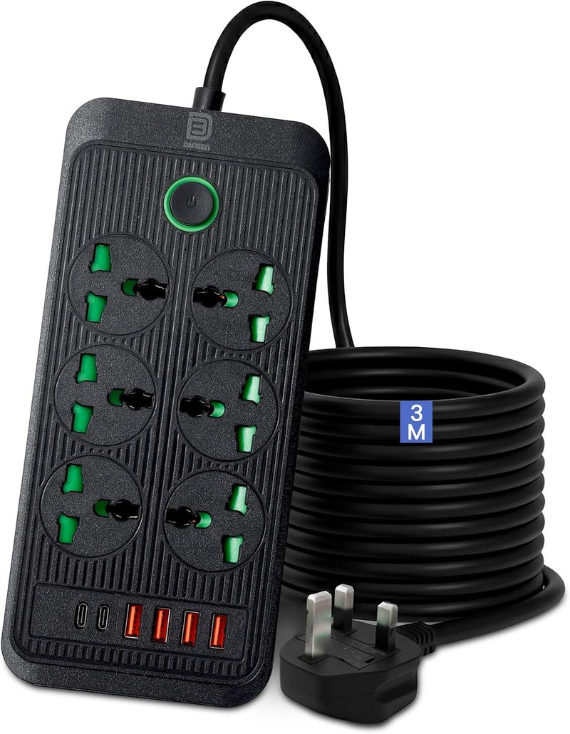 DANEEN Power Extension cord | 3M 3 Core Cable with 10A Fused UK 3 PIN Plug, 06 Power Outlets, 2 Type C and 6 USB 4.8A Fast Charging Ports, Surge & Overload Protection | Push button & LED Indicator - Image 1