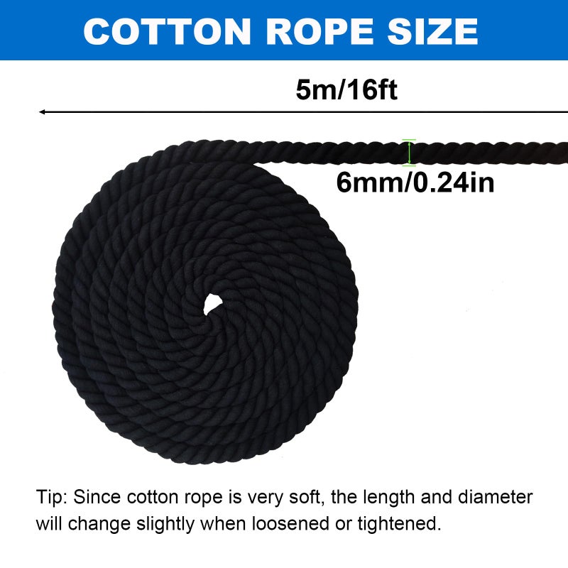 FOSER Cotton Rope, Black Cotton Cord, 3 Strand Twisted Macrame Cord (Black, 6mm x 16 Feet) - Image 3