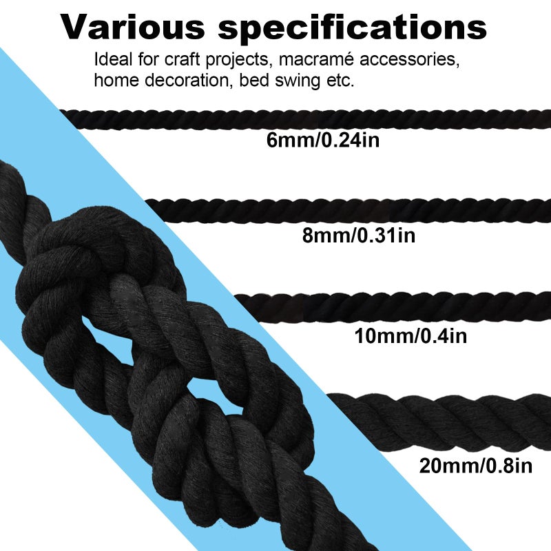 FOSER Cotton Rope, Black Cotton Cord, 3 Strand Twisted Macrame Cord (Black, 6mm x 16 Feet) - Image 4