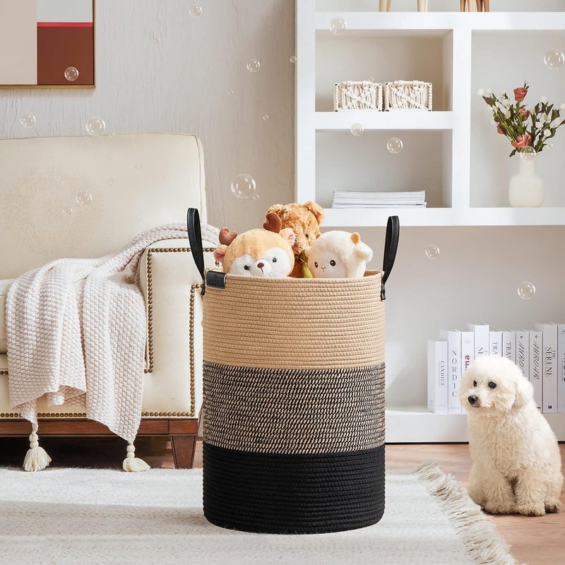 VIPOSCO Tall Laundry Basket, Large Dirty Clothes Hamper with Leather Handle, Woven Rope Storage Basket for Blanket, Toy In Living Room, Bathroom, Bedroom - 72L Brown & Black - Image 2