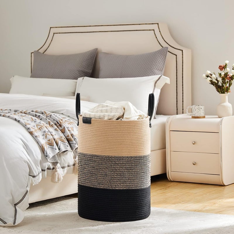 VIPOSCO Tall Laundry Basket, Large Dirty Clothes Hamper with Leather Handle, Woven Rope Storage Basket for Blanket, Toy In Living Room, Bathroom, Bedroom - 72L Brown & Black - Image 4
