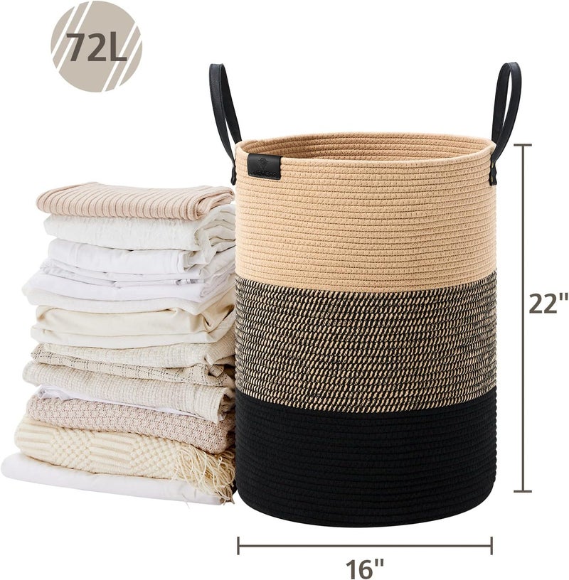 VIPOSCO Tall Laundry Basket, Large Dirty Clothes Hamper with Leather Handle, Woven Rope Storage Basket for Blanket, Toy In Living Room, Bathroom, Bedroom - 72L Brown & Black - Image 5
