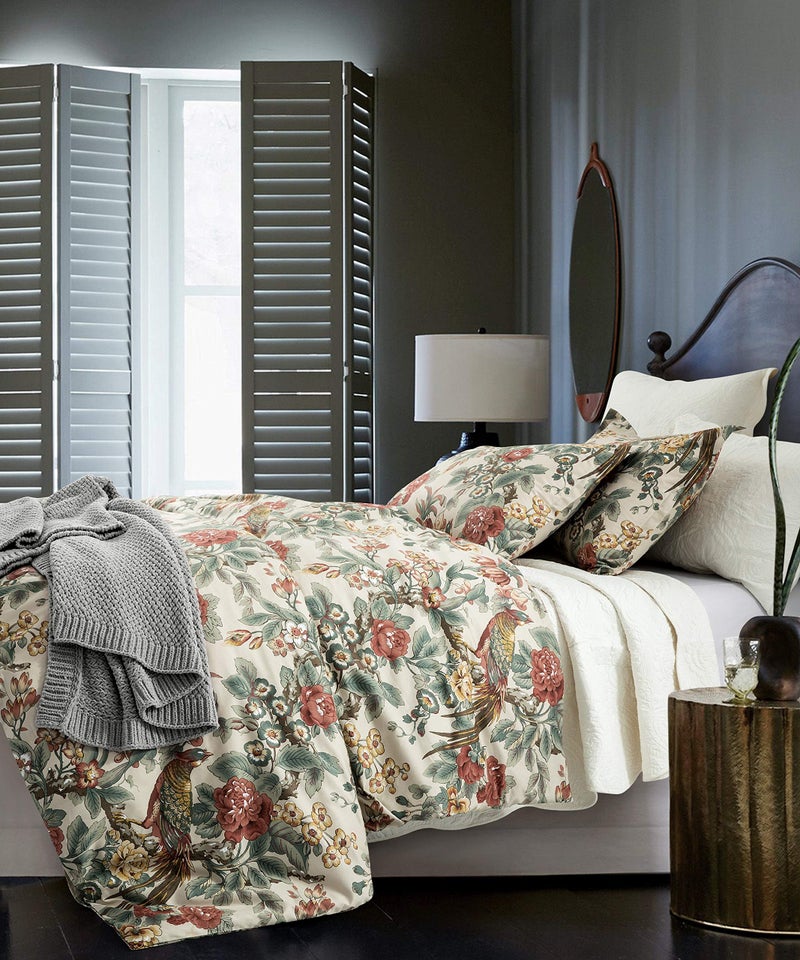 Eikei Home Chinoiserie Chic Peacock Floral Duvet Cover Paradise Garden Botanical Bird and Tree Branches Vintage Stylized Long Staple Cotton Bedding Set (Autumn Red  King) - Image 1