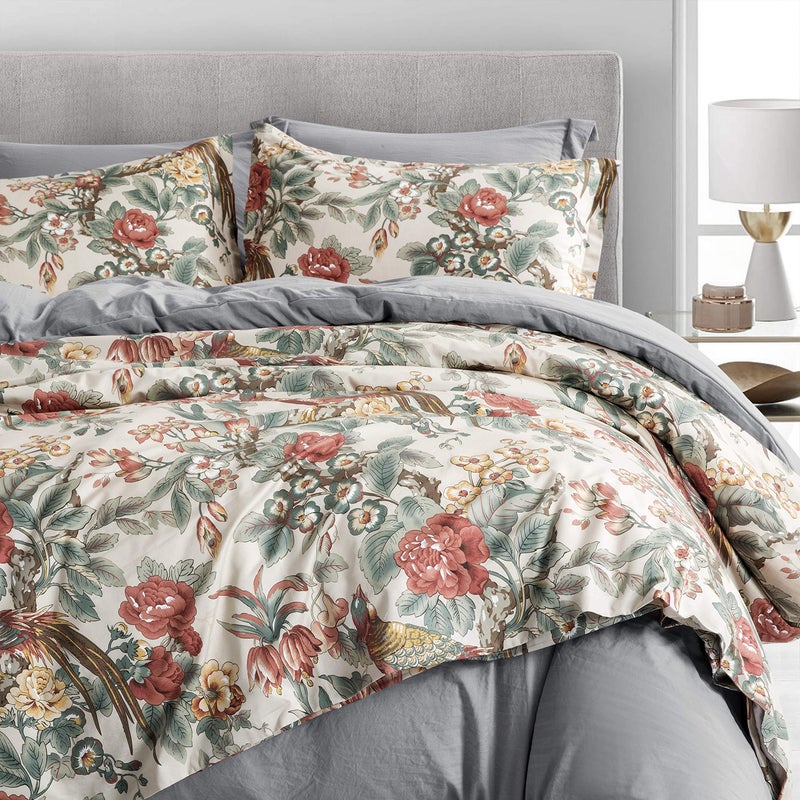 Eikei Home Chinoiserie Chic Peacock Floral Duvet Cover Paradise Garden Botanical Bird and Tree Branches Vintage Stylized Long Staple Cotton Bedding Set (Autumn Red  King) - Image 2