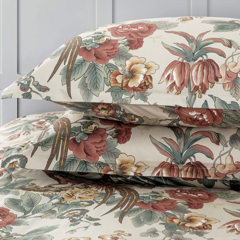 Eikei Home Chinoiserie Chic Peacock Floral Duvet Cover Paradise Garden Botanical Bird and Tree Branches Vintage Stylized Long Staple Cotton Bedding Set (Autumn Red  King) - Image 4