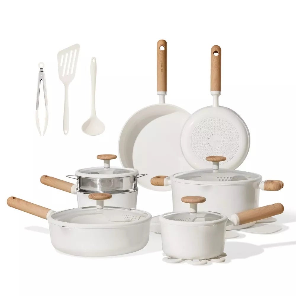 Carote 21-Piece Ceramic Nonstick Cookware Set, PFAS-Free Healthy Cooking Set, Dual-size Silicone Strainer Lids, Full-Spray Even-Heat Base, All Kitchen Stovetop Compatible, Dishwasher Safe (Cream)