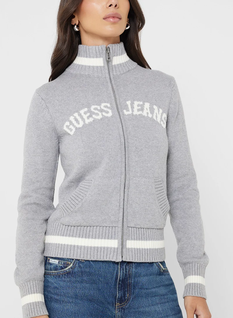 Guess Jeans Logo Detail Zip Through Cardigan
