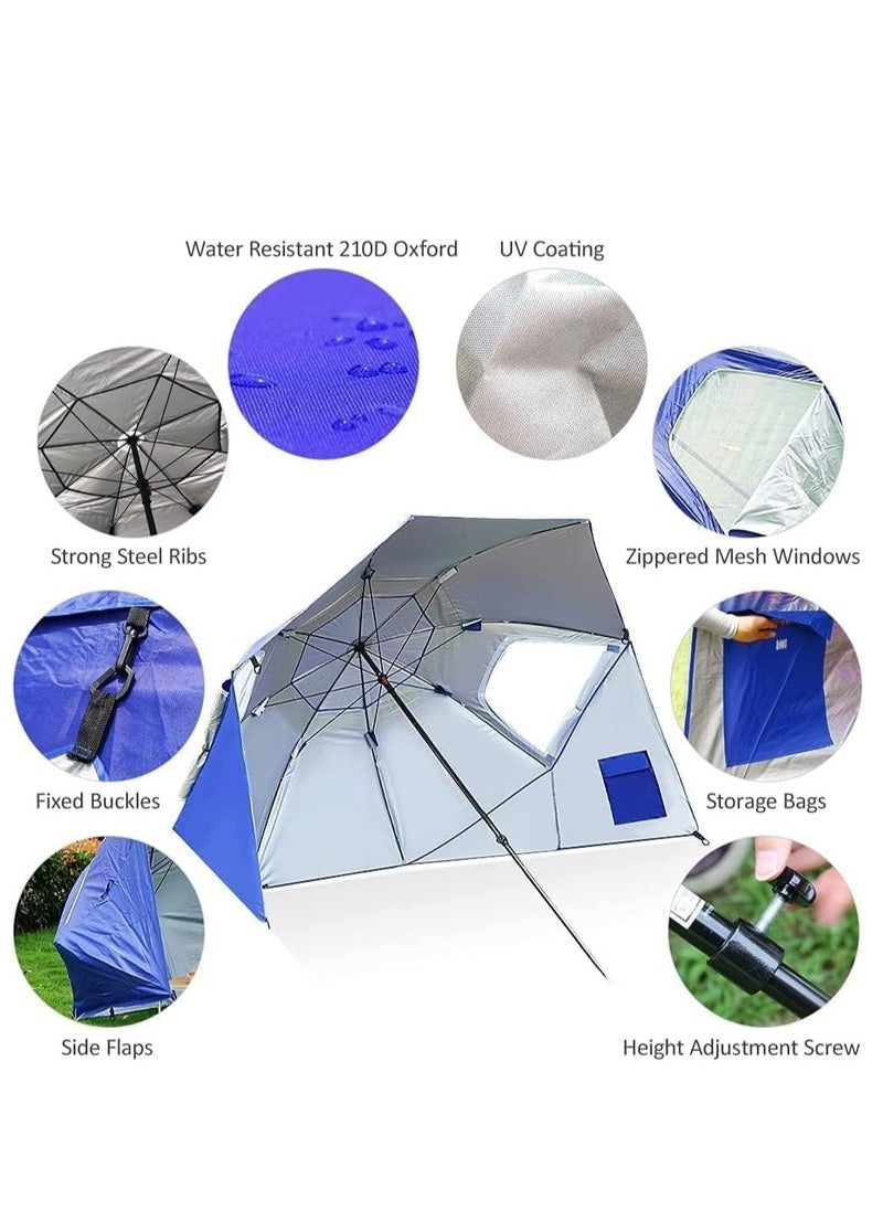 GUDOO - Beach Tent Umbrella Camping Sun Shelters SPF 50++ Sun Canopy Umbrella Portable Sunshade Tent Umbrella With Window Beach Umbrella for Camping   Beach and Sports Events Blue 2.4m - Image 1
