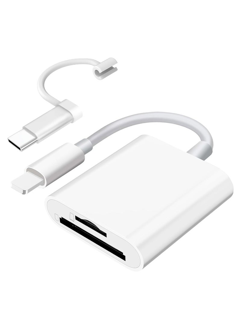 قارئ بطاقة SD لهواتف iPhone وiPad والكاميرات، مزود بفتحتين لبطاقات الذاكرة، يدعم بطاقات SD وTF، عارض بطاقات لكاميرات التتبع، محول بطاقة SD محمول، قارئ بطاقات Micro SD، لا يحتاج إلى تطبيق، يعمل بالتوصيل والتشغيل. - Image 1