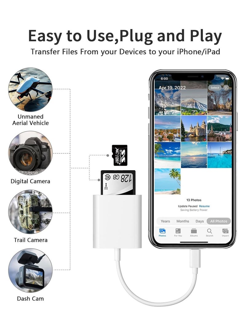 قارئ بطاقة SD لهواتف iPhone وiPad والكاميرات، مزود بفتحتين لبطاقات الذاكرة، يدعم بطاقات SD وTF، عارض بطاقات لكاميرات التتبع، محول بطاقة SD محمول، قارئ بطاقات Micro SD، لا يحتاج إلى تطبيق، يعمل بالتوصيل والتشغيل. - Image 3