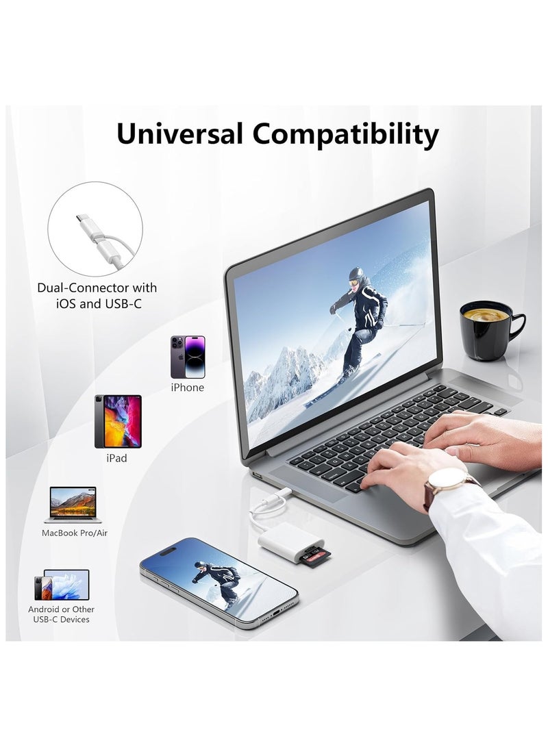 قارئ بطاقة SD لهواتف iPhone وiPad والكاميرات، مزود بفتحتين لبطاقات الذاكرة، يدعم بطاقات SD وTF، عارض بطاقات لكاميرات التتبع، محول بطاقة SD محمول، قارئ بطاقات Micro SD، لا يحتاج إلى تطبيق، يعمل بالتوصيل والتشغيل. - Image 4