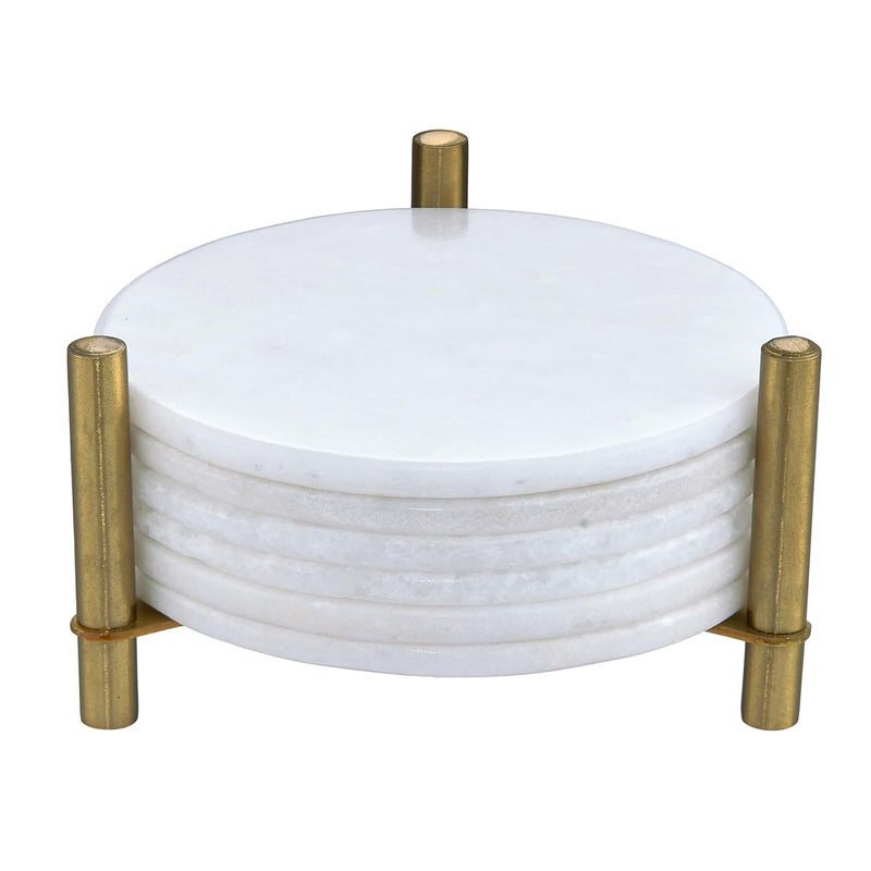 Queenza Queenza Marble Coaster Set of 6 with Metal Holder Pearl White Marble Coasters Round Tiles 35 Inch Wide 5 mm Thick Both Side Polish for Scratch Free Surface 