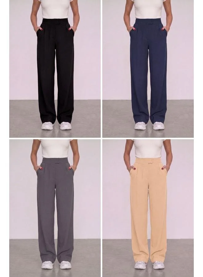Mmetalic Women's High-Waist Snap Closure Elastic Waist Zipper Pocket elastane 4‑Piece Palazzo Pants.