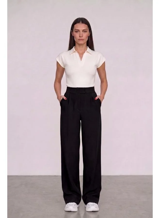 Mmetalic Women's High-Waist Snap Closure Elastic Waist Zipper Pocket elastane 4‑Piece Palazzo Pants.