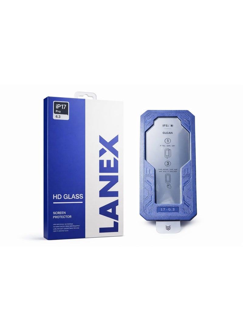 لانيكس شاشة حماية زجاجية فاخرة من LANEX لهاتف ايفون 17 برو (iPhone 17 Pro) مقاس 6.3 بوصة مع أداة تركيب تلقائي - زجاج مقوى عالي الشفافية (HD) - Image 1