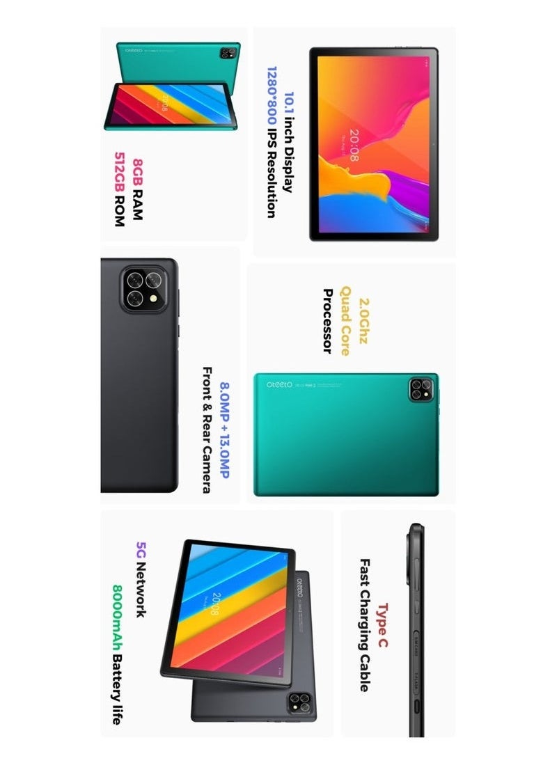 Oteeto - Oteeto TAB 10 Pro Tablet/Single SIM 5G Network/8GB RAM + 512GB ROM/5G Wifi/8000 mAh/8MP Front + 13MP Rear Camera/Quad Core 2.0GHz Processor/Android 13/Includes Keyboard,Mouse,Touch Pen,OTG,Flip Cover Green - Image 1