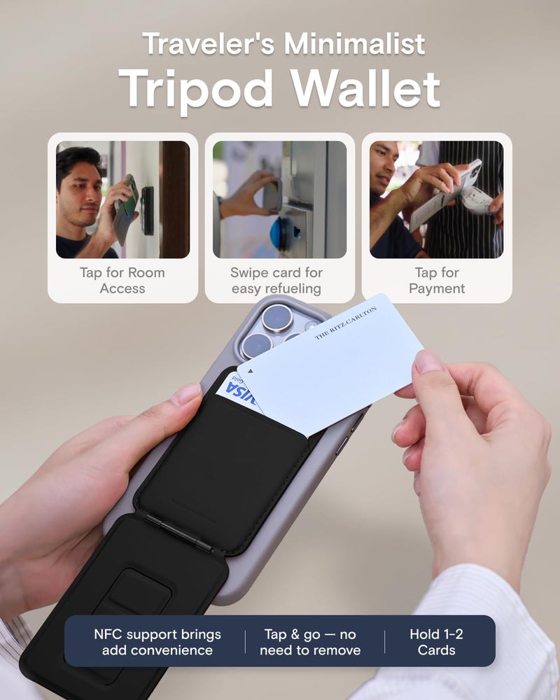 MOFT Phone Tripod Wallet for iPhone, Mulit-Angles, Lightweight & Portable Phone Stand, MOVAS Vegan Leather Magnetic Wallet, Strong Magnets, NFC Card Holder,Travel Essential, Jet Black (With Card Slot) - Image 4